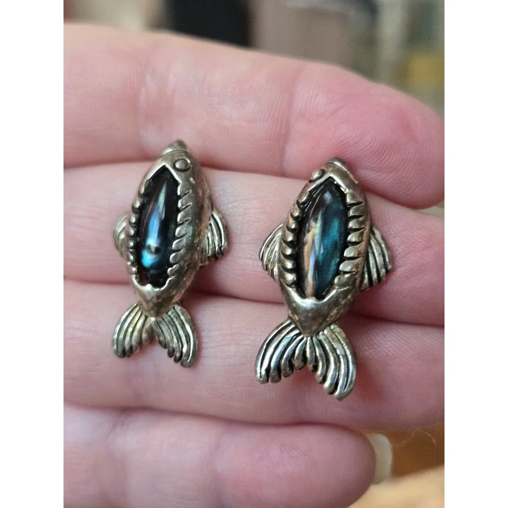 Mexican Sterling Silver Abalone Fish Earrings Pierced Vintage